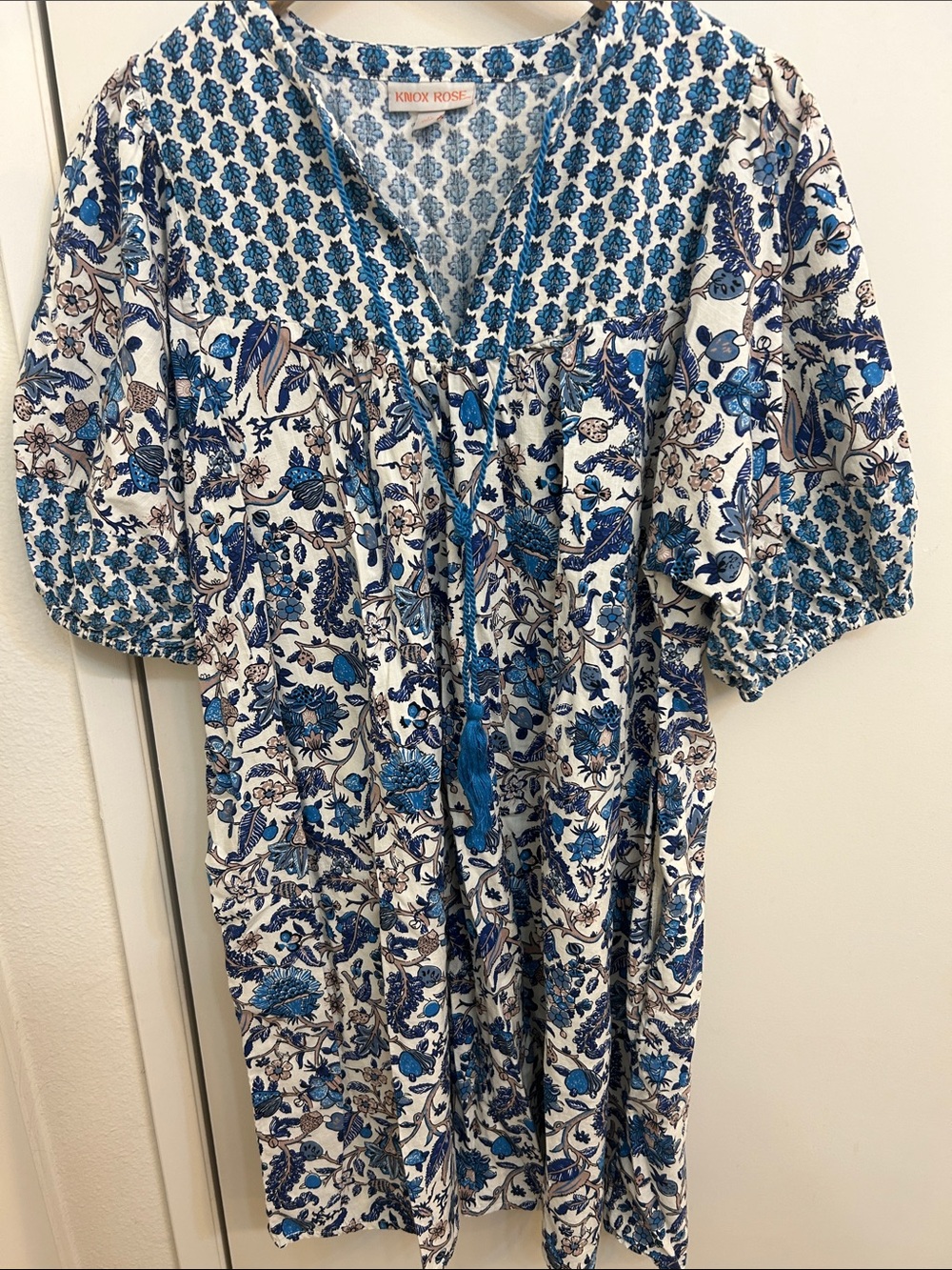 Knox Rose Blue and White Floral Midi Dress with Tassel Tie